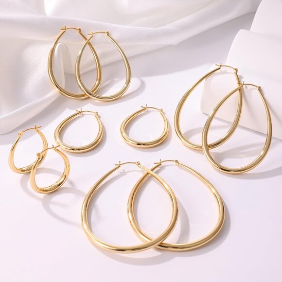 Gold Chunky Hoop Earrings for Women, 14K Gold Plated Oval Hoop Earrings with 925 - Picture 8 of 8